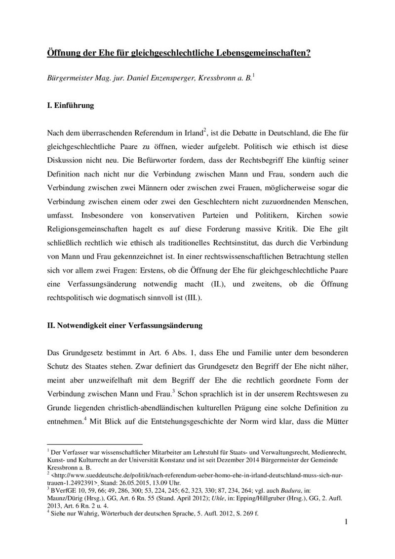 Öffnung der Ehe für gleichgeschlechtliche Lebensgemeinschaften?