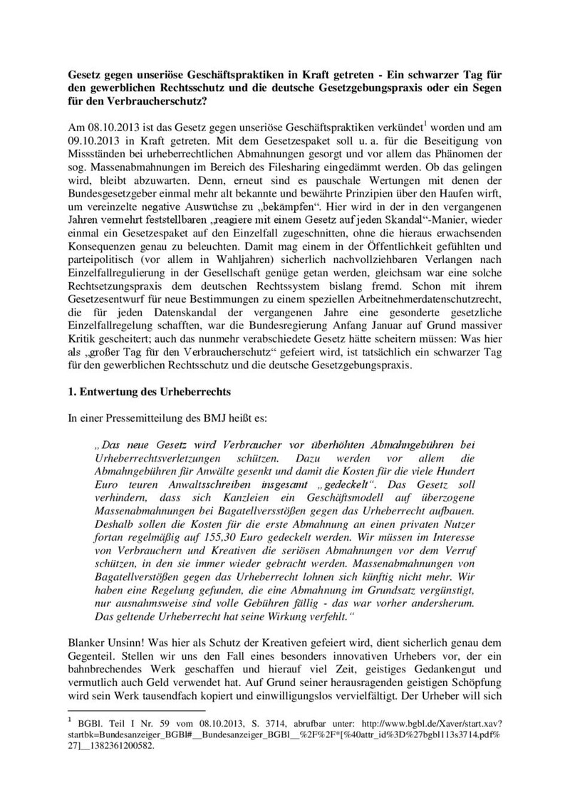 Gesetz gegen unseriöse Geschäftspraktiken in Kraft getreten - Ein schwarzer Tag für den gewerblichen Rechtsschutz und die deutsche Gesetzgebungspraxis oder ein Segen für den Verbraucherschutz?