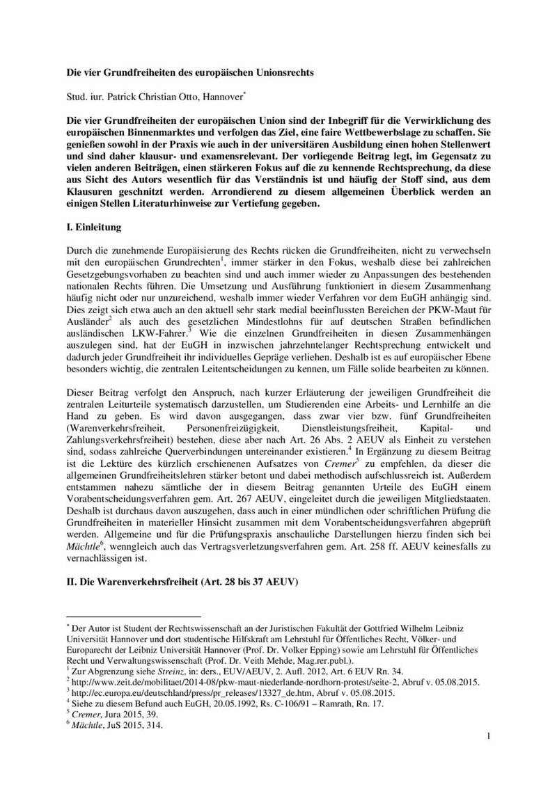 Die vier Grundfreiheiten des europäischen Unionsrechts