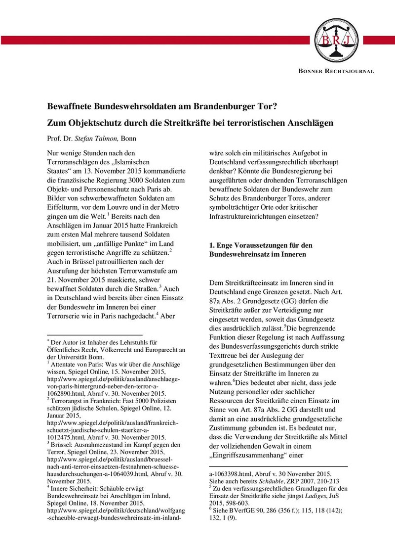 Bewaffnete Bundeswehrsoldaten am Brandenburger Tor? - Zum Objektschutz durch die Streitkräfte bei terroristischen Anschlägen