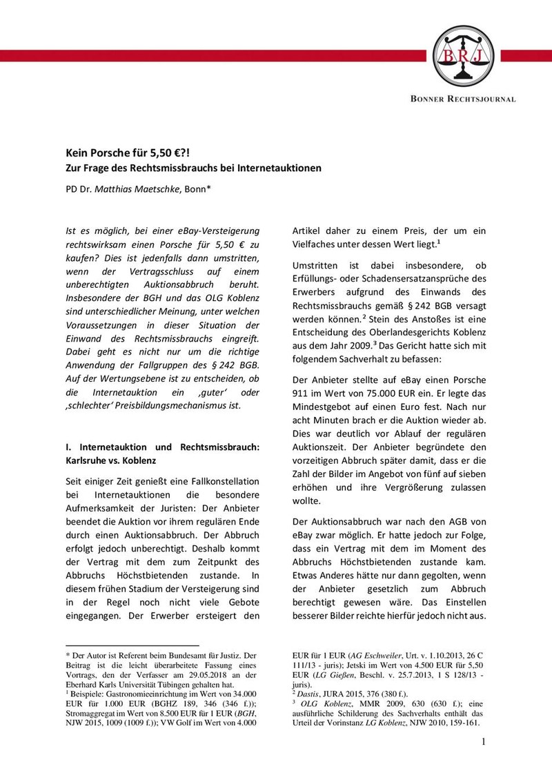Kein Porsche für 5,50 €?! Zur Frage des Rechtsmissbrauchs bei Internetauktionen