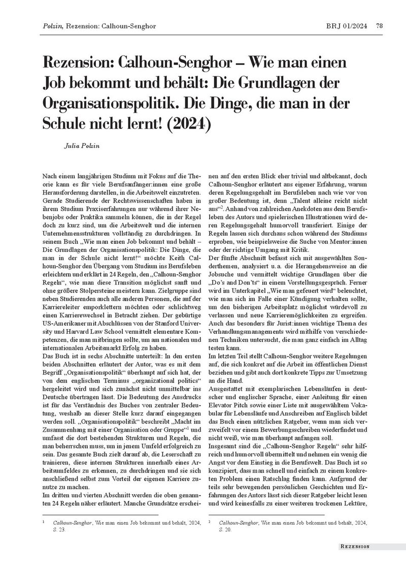 Rezension: Calhoun Senghor – Wie man einen Job bekommt und behält: Die Grundlagen der Organisationspolitik. Die Dinge, die man in der Schule nicht lernt! (2024)