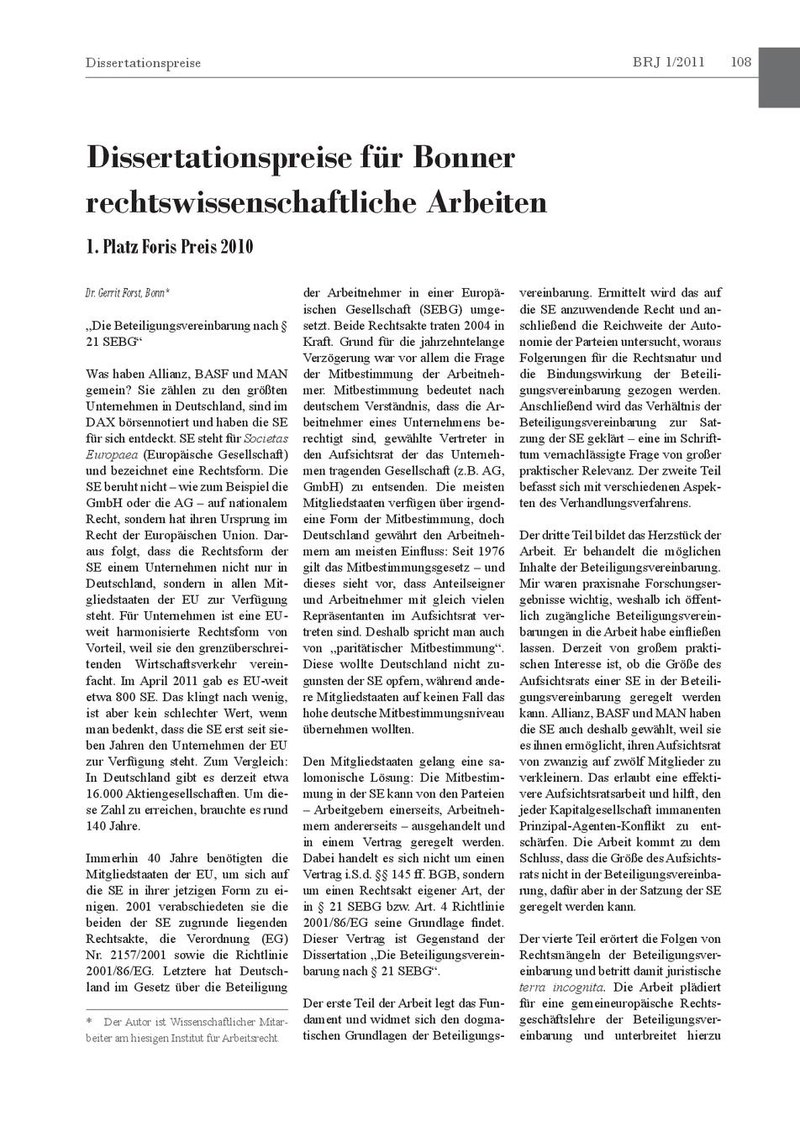 Dissertationspreise für Bonner rechtswissenschaftliche Arbeiten