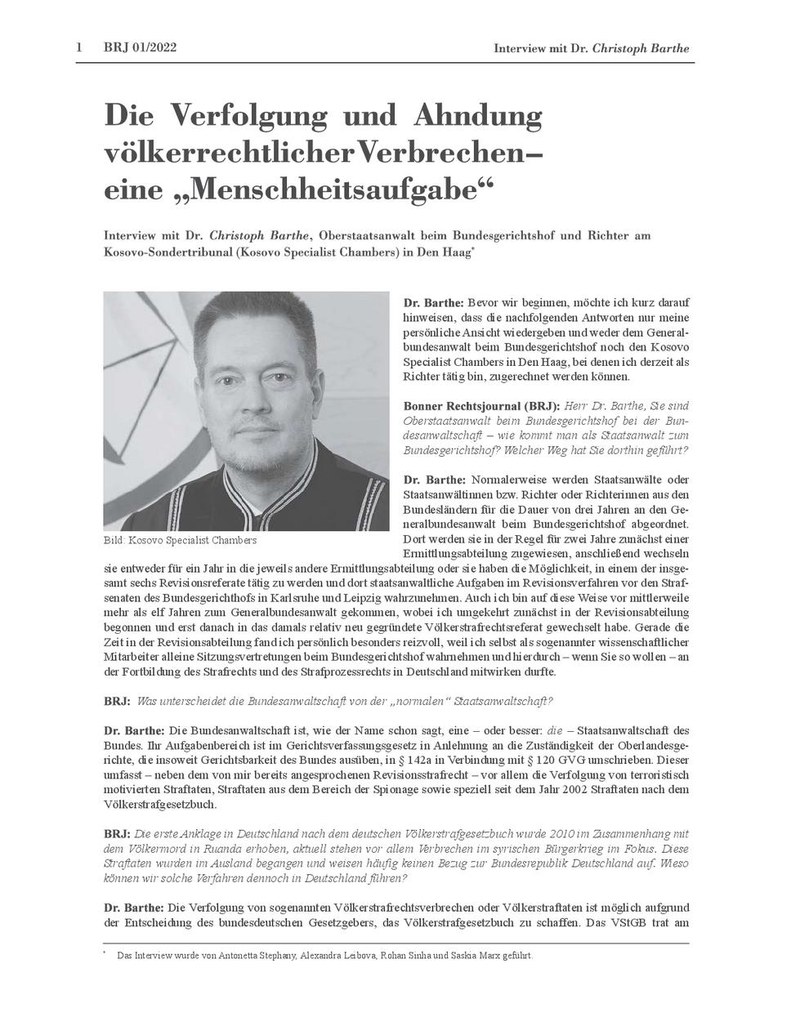 "Die Verfolgung und Ahndung völkerrechtlicher Verbrechen – eine „Menschheitsaufgabe“
