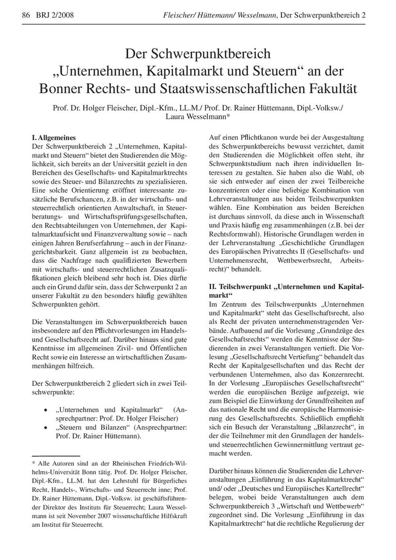 Prof. Dr. Holger Fleischer / Prof. Dr. Rainer Hüttemann / Laura Wesselmann Prof. Dr. Holger Fleischer / Prof. Dr. Rainer Hüttemann / Laura Wesselmann