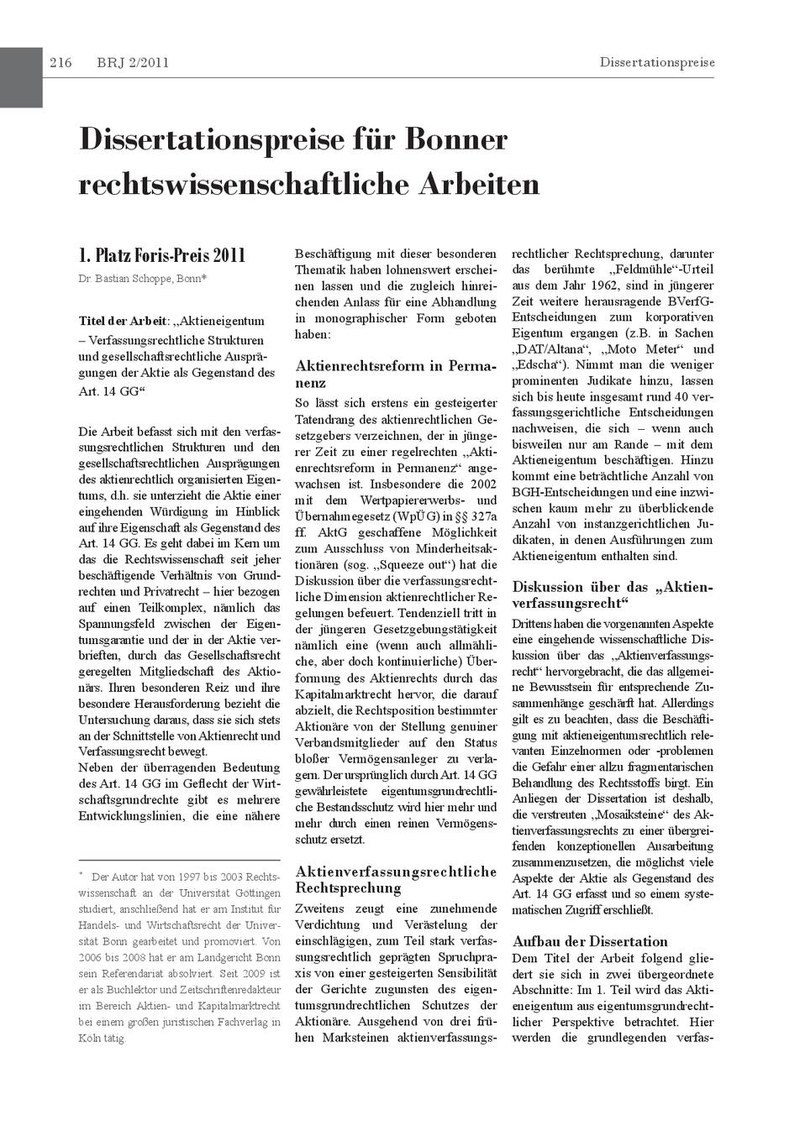 Dissertationspreise für Bonner rechtswissenschaftliche Arbeiten