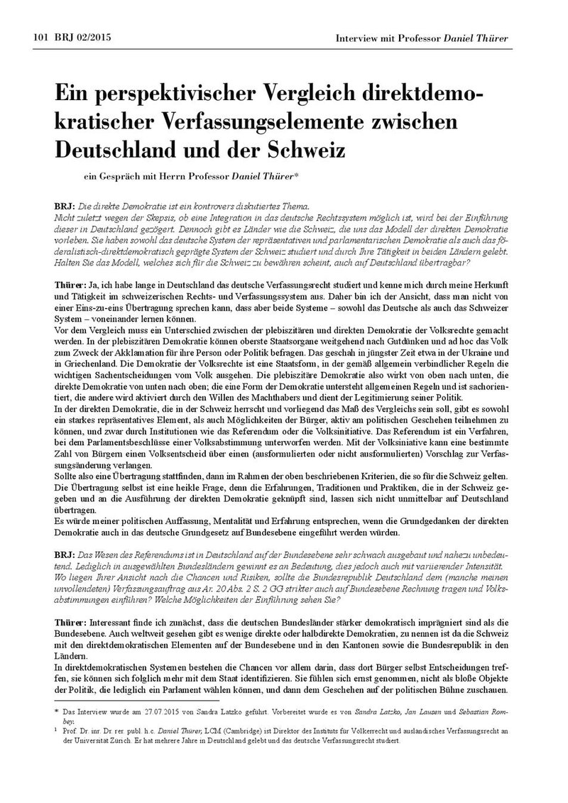 Ein perspektivischer Vergleich direktdemokratischer Verfassungselemente zwischen Deutschland und der Schweiz