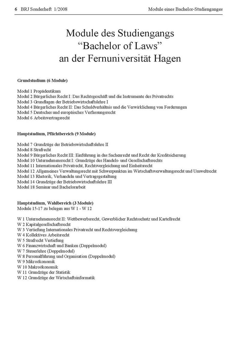 Module des Studiengangs "Bachelor of Laws" an der Fernuniversität Hagen